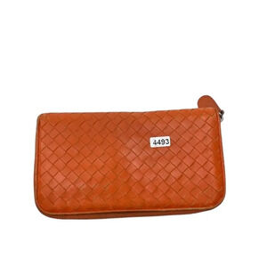 Bottega Veneta Intrecciato Zip Around Wallet Woven Leather Orange Womens
